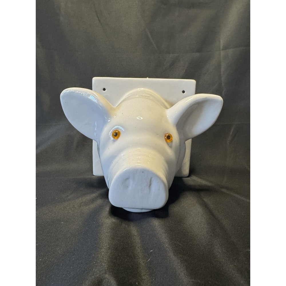 Vintage White Ceramic Pig Head Apron Wall Hanger, Kitchen Decor
